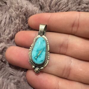 Native American Stamped and SignedTurquoise Sterling and Silver Pendant